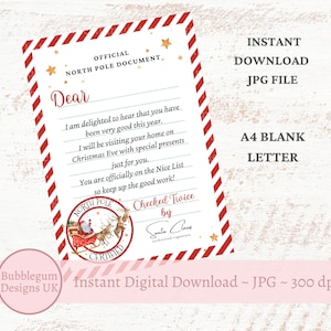 Lista de buenos deseos de Papá Noel, Carta navideña A4 para Papá Noel, Carta para Papá Noel (JPG), Lista de deseos del Polo Norte, Descarga digital instantánea