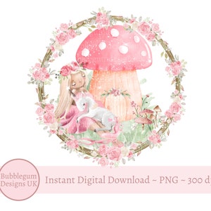 Fée rose champignon vénéneux, ballerine et couronne de licorne PNG, Design en sublimation fées, décoration de fête d'anniversaire fée rose, téléchargement immédiat