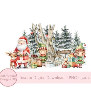 Babbo Natale e gli elfi del bosco natalizio PNG, disegno a sublimazione della foresta invernale, primo disegno del biglietto di Natale, disegno del sacco di Babbo Natale, download digitale istantaneo