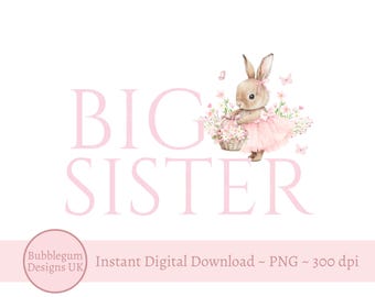 Conejito rosa con tutú para hermana mayor PNG, diseño de sublimación de camiseta para hermana mayor, camiseta para bebé recién nacido, camiseta para hermano, descarga digital instantánea