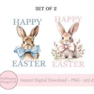 Set mit 2 fröhlichen Osterhasen-Designs, PNG, blauen und rosa Hasen, Babys erstem Oster-T-Shirt-Design, Osterstrampelanzug, sofortiger digitaler Download