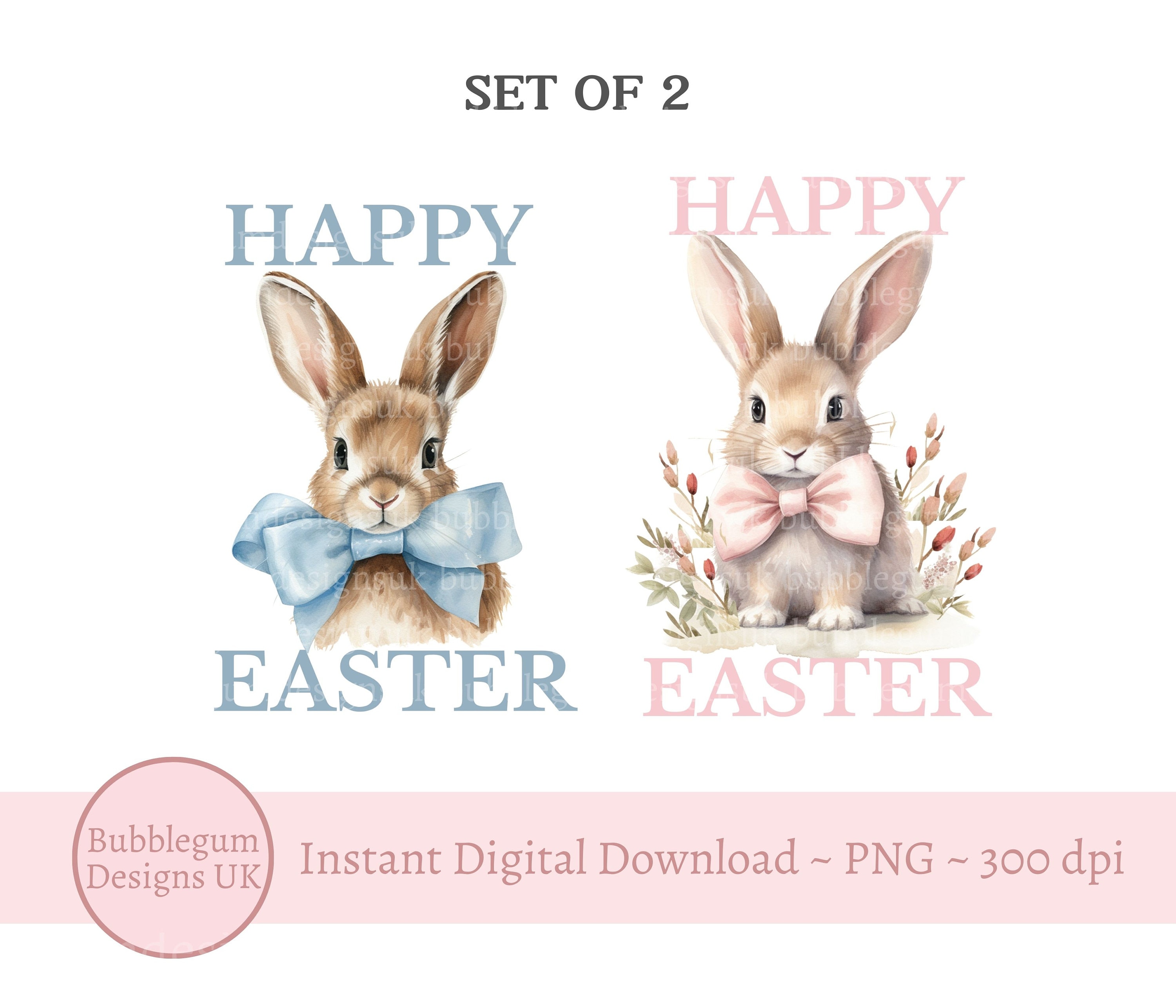 Set of 2 Happy Easter Bunny Designs, PNG, Blue & Pink Bunny, Baby's First Easter T Shirt Design, Easter Onesie, Instant Digital Download