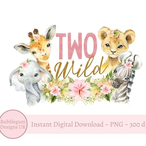 Meisjes twee wilde babysafaridieren PNG, aquarel babydieren, T-shirt sublimatie ontwerp, ontwerp verjaardagskaart, instant digitale download
