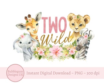 Girls Two Wild Baby Safari Animals PNG, Watercolor Baby Animals, T Shirt Sublimation Design, Birthday Card Design, Instant Digital Download