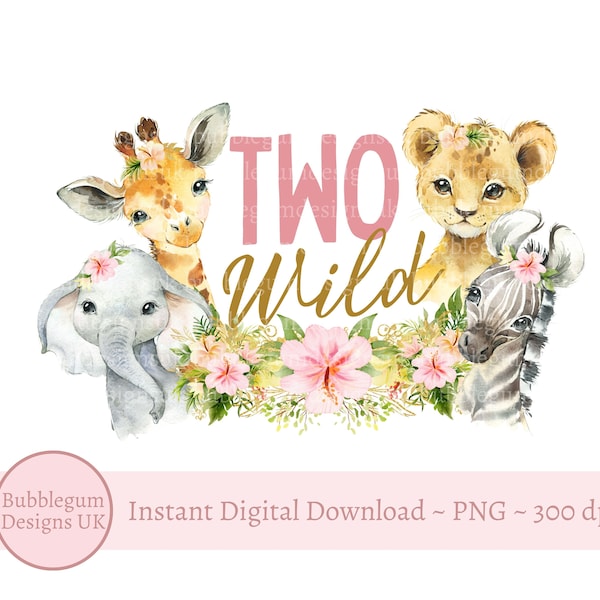 Girls Two Wild Baby Safari Animals PNG, Watercolor Baby Animals, T Shirt Sublimation Design, Birthday Card Design, Instant Digital Download