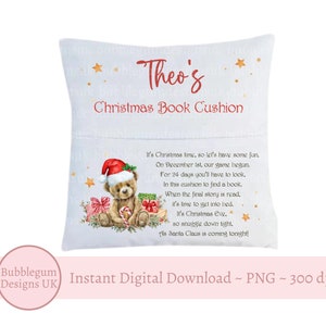 Almohada de libro de Adviento de Navidad PNG, oso de peluche de Navidad y regalos imágenes prediseñadas de almohada de bolsillo, sublimación de cojín de Adviento, descarga digital instantánea