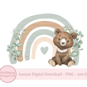Bébé ours arc-en-ciel PNG, Clipart ours mignon, nouveau design de carte de bébé, anniversaire des bois, téléchargement numérique instantané