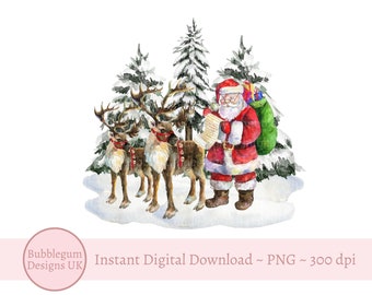 Papá Noel y renos PNG de Navidad, Clip Art de Navidad, Diseño de bosque de Papá Noel vintage, Sublimación navideña, Descarga digital instantánea