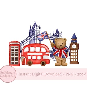 Ours en peluche Union Jack à Londres PNG, t-shirt de vacances pour enfants, monuments de Londres, sublimation de tasse de Londres, souvenir, téléchargement immédiat