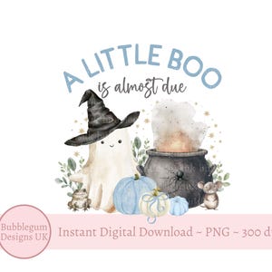 A Little Boo Is Almost Due PNG, blauw ontwerp Halloween-babyshower, familie Halloween-babyshoweruitnodiging png, instant digitale download