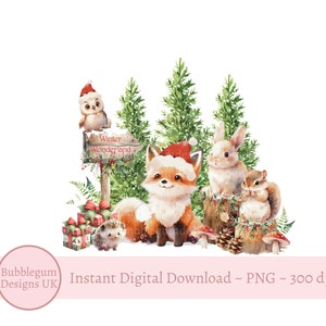 Animaux de la forêt de Noël en bonnets de Noel PNG, Design en sublimation animaux de la forêt d'hiver, 1er design de carte de Noël, téléchargement immédiat