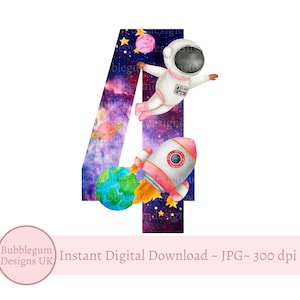 Diseño de sublimación espacial del 4to cumpleaños, PNG de astronauta espacial, diseño de camiseta para niña, fuera de este mundo, decoración de fiesta espacial, descarga digital instantánea