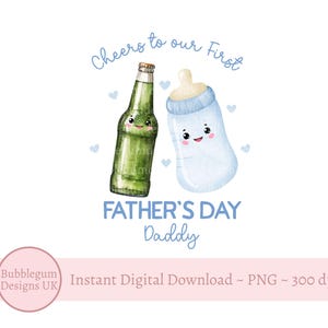 Onze 1e vaderdag papa, bier en blauwe babyfles png, vaderdagkaartontwerp, sublimatieontwerp bierfles, instant digitale download
