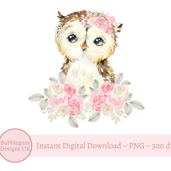 Baby OwlPink Floral PNG, Watercolor Cute Owl Sublimation Design, Baby Owl Birthday Card Design , Instant Digital Download,