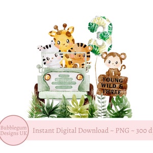 Jeune, sauvage et trois bébés safari animaux camion sublimation conception, PNG, troisième anniversaire, 3e fête d’anniversaire, téléchargement numérique instantané