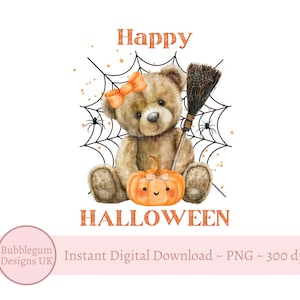 Feliz Halloween, oso y calabaza PNG, diseño de telaraña de oso de peluche, camiseta de primer Halloween, bolsa de golosinas de Halloween, descarga digital instantánea