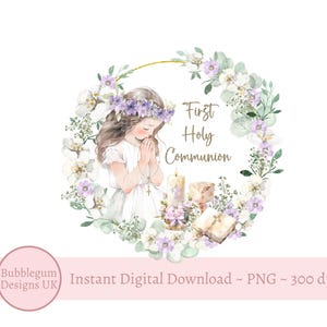 Corona della Prima Comunione PNG, Disegno di sublimazione per la Prima Comunione delle Ragazze, Corona floreale viola, Bibbia, Preghiera, Download digitale istantaneo