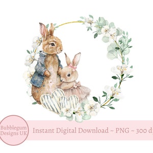 Papa Kaninchen & Baby Ballerina Kaninchen Blumen Eukalyptus Kranz Sublimationsentwurf, PNG, Vatertag, Papa Geburtstag, sofortiger digitaler Download