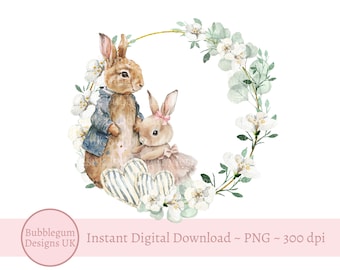 Daddy Rabbit & Baby Ballerina Bunny Floral Eucalyptus Wreath Sublimation Design, PNG, Father's day, Daddy Birthday, Instant Digital Download