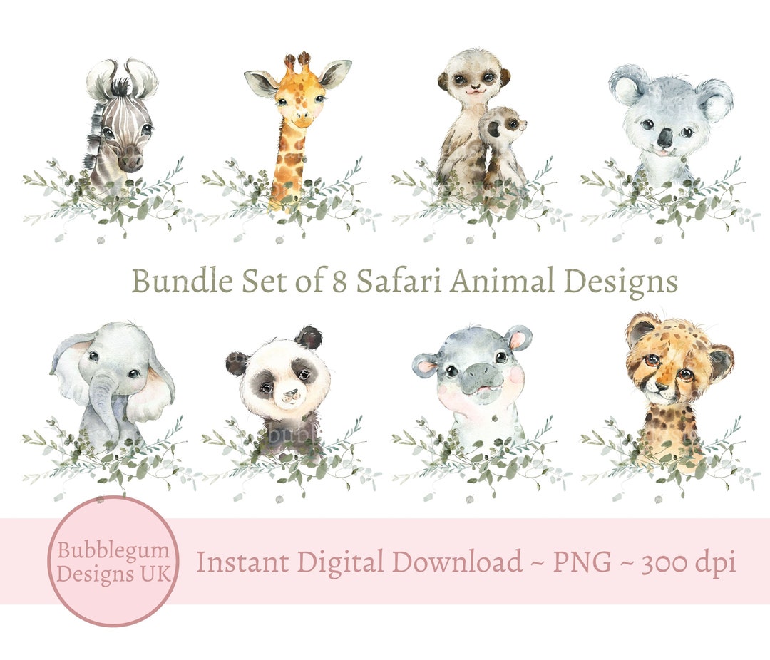 Bundle Set of 8 Baby Safari Animals PNG, Watercolor Baby Animals, T ...