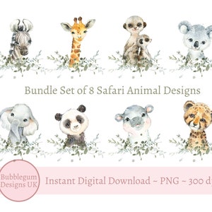 Bundle Set Of 8 Baby Safari Animals PNG, Watercolor Baby Animals, T Shirt Sublimation Designs, Safari Party, Zoo, Instant Digital Download