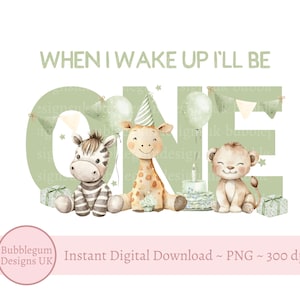 Groene safaridieren ONE sublimatieontwerp, png, pyjama eerste verjaardag, dierentuindieren, als ik wakker word, zal ik één zijn, instant digitale download
