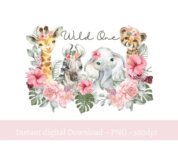 Girls Wild One Baby Safari Animals PNG Watercolor Baby - Etsy