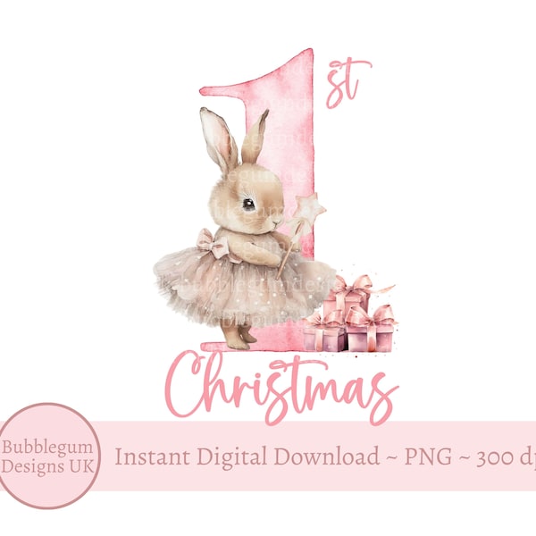 Pink Tutu Bunny 1st Christmas PNG, Baby Bunny Sublimation Design, Christmas Tree, Santa Sack Design, Instant Digital Download