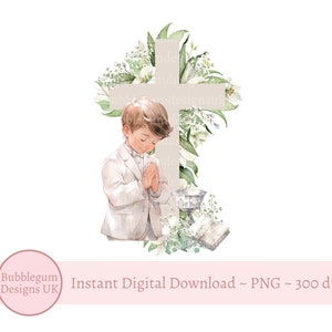 Première Sainte Communion croix calice PNG, Design Sublimation 1ère Communion garçon, croix florale, Bible, prière, téléchargement immédiat