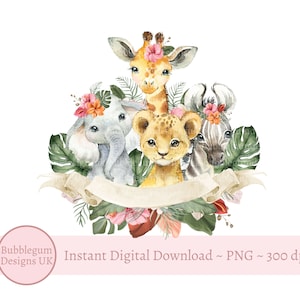 Roze safari babydieren taarttopper PNG, aquarel safaridieren sublimatie ontwerp, safari meisjes verjaardag, instant digitale download