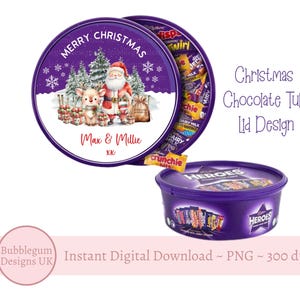 Merry Christmas Santa & Reindeer Chocolate Tub Lid Design, PNG,Printable Chocolate Candy Tub Lid, Christmas Sticker,Instant Digital Download