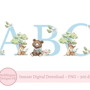Alfabeto de bosque azul PNG, ciervo del bosque, oso del bosque, alfabeto de 26 letras individuales, descarga digital instantánea