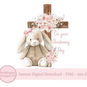 Cruz floral de conejito rosa PNG, para el día de tu bautizo, diseño de sublimación de conejito, cruz floral de madera, cruz de bautismo, descarga digital instantánea