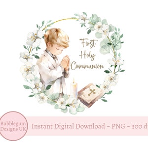 Erste heilige Kommunion Kranz PNG, Kommunion Sublimationsdesign für Jungen, Eukalyptus Blumenkranz, Bibel, Beten, Sofortiger digitaler Download
