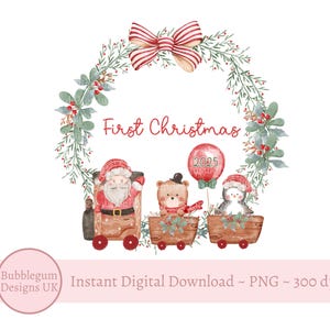 Santa & Friends 1st Christmas Train PNG, Christmas Santa Bear Penguin Train Design, Christmas Holiday Sublimation, Instant Digital Download