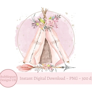 Boho Woodland Tipi PNG, Woodland Party Sublimationsdesign, Rosa Boho-Babyparty, Tipi, Wigwam, Babyparty, sofortiger digitaler Download