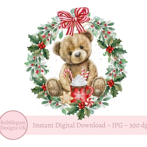 Christmas Teddy Bear Wreath PNG, Christmas Clip Art, Santa Sack Design, Christmas PJ Design, Christmas Sublimation, Instant Digital Download