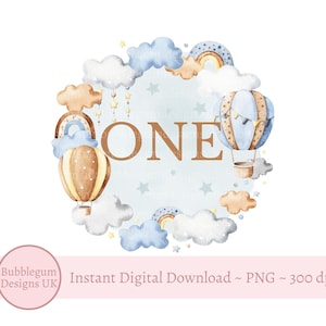 Hot Air Balloon 1st Birthday PNG, Pastel Balloons Birthday Clipart, ONE Birthday Card Design, Sublimation, Instant Digital Download