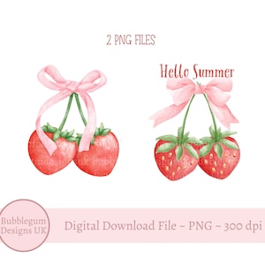Hello Summer Strawberry Pink Bow PNG Clipart, Coquette Design, Instant Digital Download