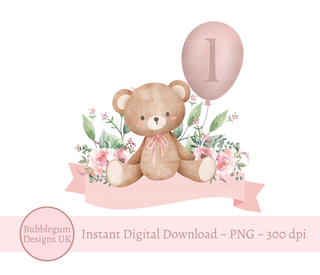 Teddy Bear Pink 1 Balloon Sublimation Design, PNG, Teddy 1st Birthday ...