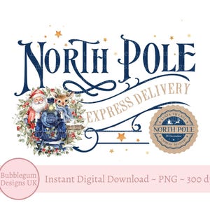 Noordpool Express Delivery Blue Christmas Design, Santa Reindeer Train PNG, sublimatieontwerp, Santa Sack-ontwerp, instant digitale download