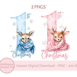 私の初めてのクリスマス ピンクとブルーの鹿 PNG 2 枚セット、赤ちゃんの初めてのクリスマス、初めてのクリスマスの鹿の昇華、トナカイ、即時デジタルダウンロード