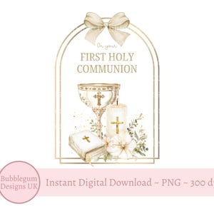 Erste heilige Kommunion PNG, Kommunion Sublimationsdesign, Kelch, Kerze, Bibel Goldbogen, christliches Design, sofortiger digitaler Download