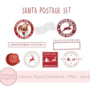 Conjunto de sellos postales de Santa Claus PNG, conjunto de sellos postales del Polo Norte, pegatinas, sello vintage de Santa Claus, carta de Santa Claus, matasellos, descarga digital instantánea