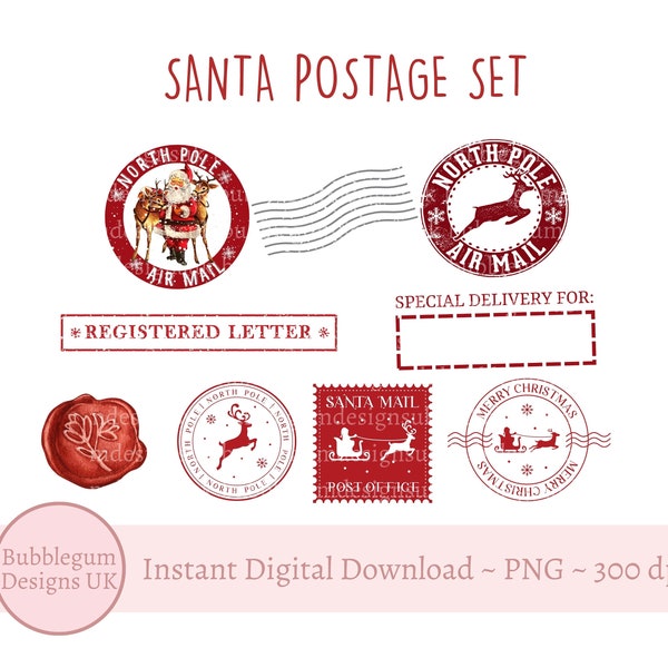Santa Mail Postage Set PNG, North Pole Mail Stamps Set, Stickers, Vintage Santa Stamp, Santa Letter, Post Mark, Instant Digital Download