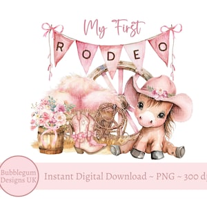 Mein erstes Rodeo, Pony, rosa Stiefel & Hut, PNG, 1st Birthday Sublimationsdesign, Mädchen Western Party Sublimation, sofortiger digitaler Download