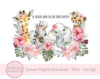 A Wild One Is On The Way! Pink Safari Baby Shower Sublimation Design, PNG, Baby Girl Shower, Baby Safari Animals, Instant Digital Download