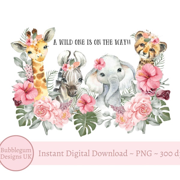 A Wild One Is On The Way! Pink Safari Baby Shower Sublimation Design, PNG, Baby Girl Shower, Baby Safari Animals, Instant Digital Download
