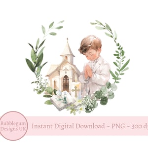 Erste heilige Kommunion Kranz PNG, Kommunion Sublimationsdesign für Jungen, Eukalyptus Blumenkranz, Bibel, Beten, Sofortiger digitaler Download