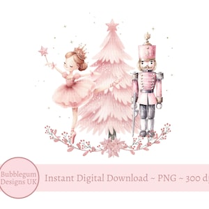 Puede incluir: Ilustración en acuarela con un árbol de Navidad rosa, una bailarina con una varita de estrella y un soldado cascanueces. El diseño incluye una corona floral y detalles de estrellas doradas sobre fondo blanco.